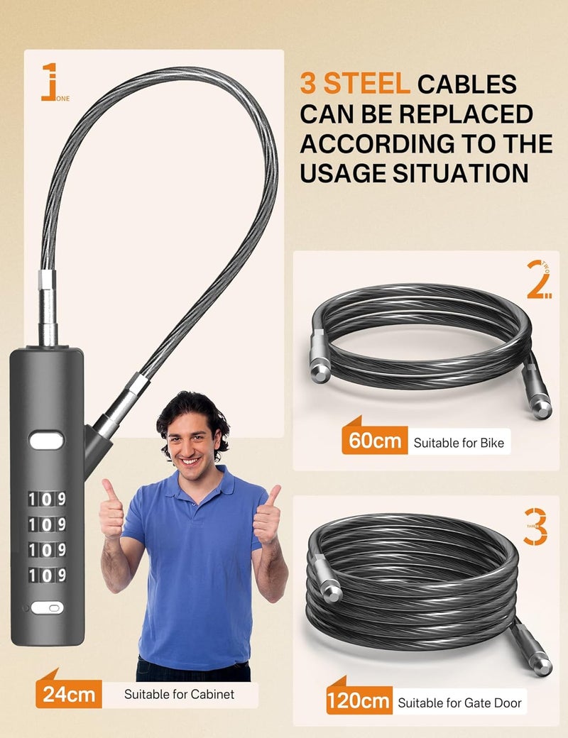 I-EASYDWW 4-Digit Combination Cable Lock with 3 Steel Cables (9"/24"/47") - Secure Reset Only with Current Code - for Bike, Luggage, Gate, Shed, Cabinet - Gun-Grey, 2 Pack - Image 2